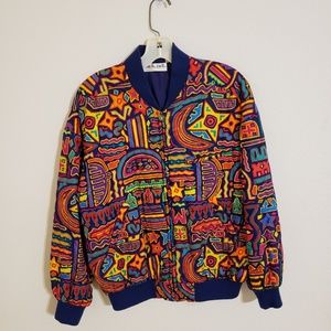 Colorful Geometric Quilted Silk Bomber Jacket
